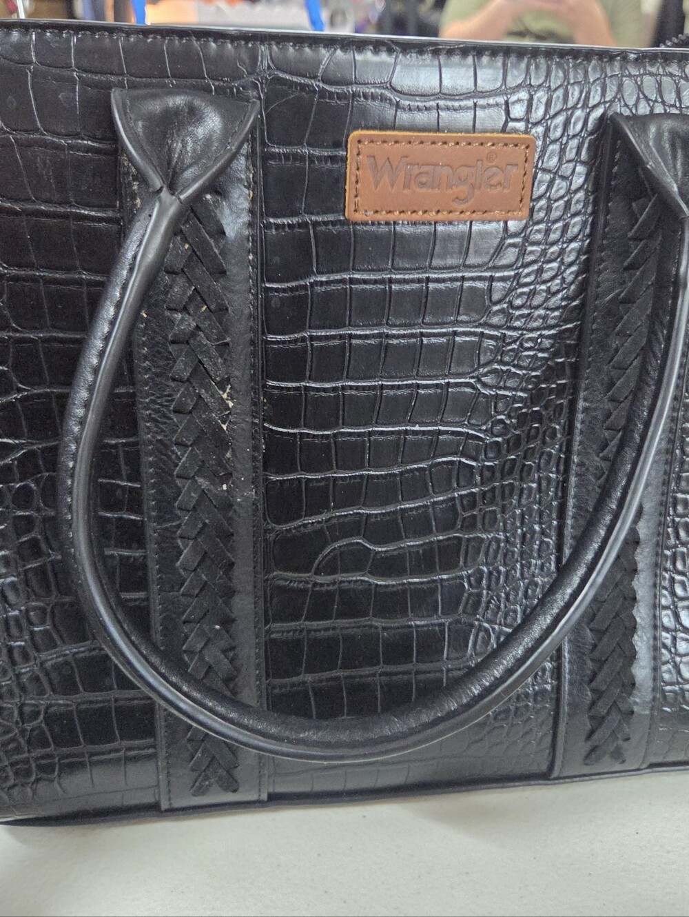 Wrangler Black Croc-Embossed Tote with Braided Handle Panels